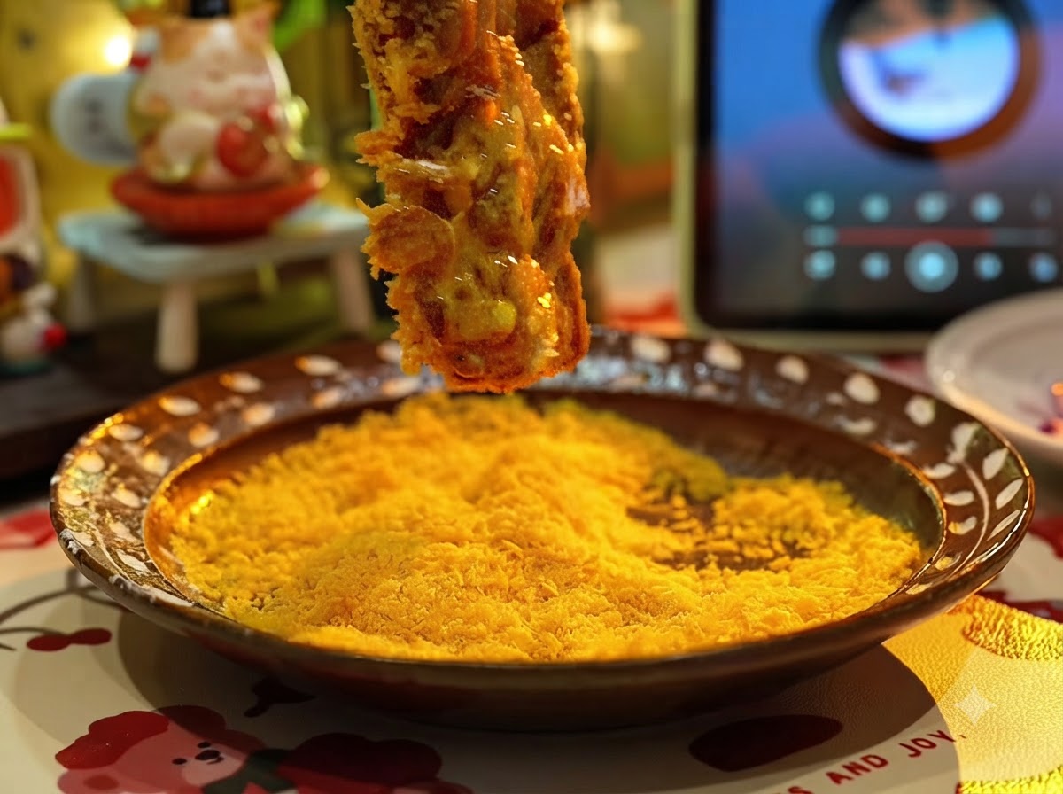 Una chuleta de cerdo siendo presionada en un plato poco profundo con pan rallado panko dorado para cubrirla por completo.