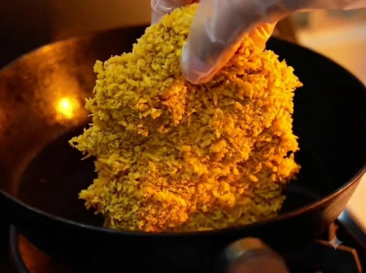 Una chuleta de cerdo empanizada siendo bajada con cuidado a una sartén negra llena de aceite caliente burbujeante.