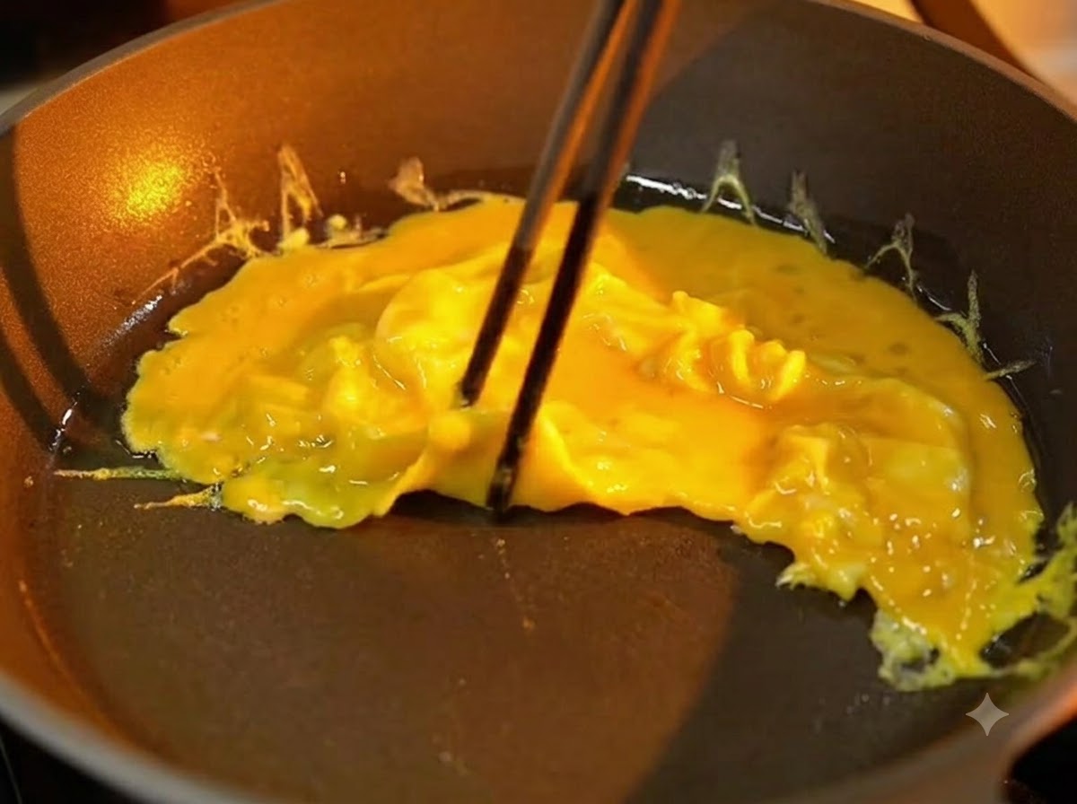 Palillos doblando suavemente una tortilla amarilla suave y semicocida en una sartén antiadherente.