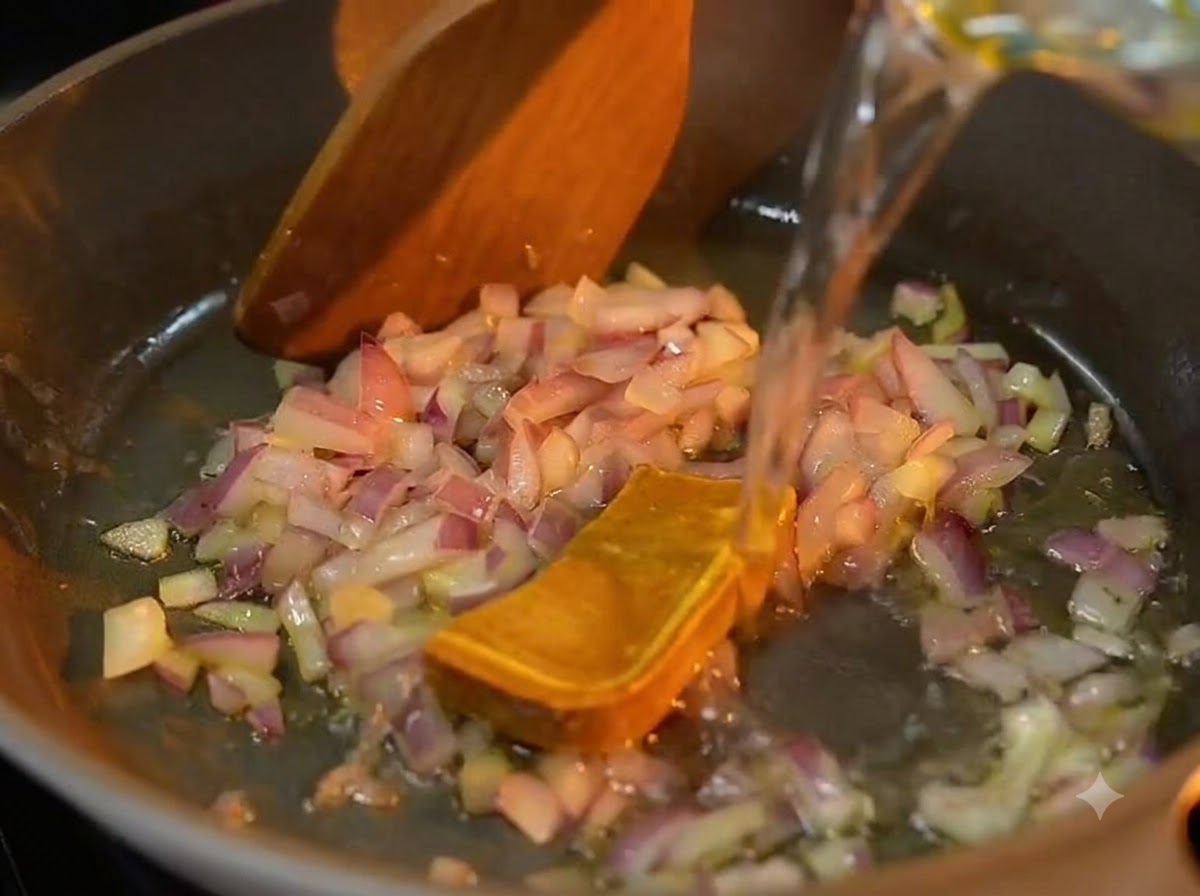 Vertiendo agua clara de una taza medidora de vidrio en una sartén caliente con cebollas moradas picadas y un bloque de pasta de curry amarillo.