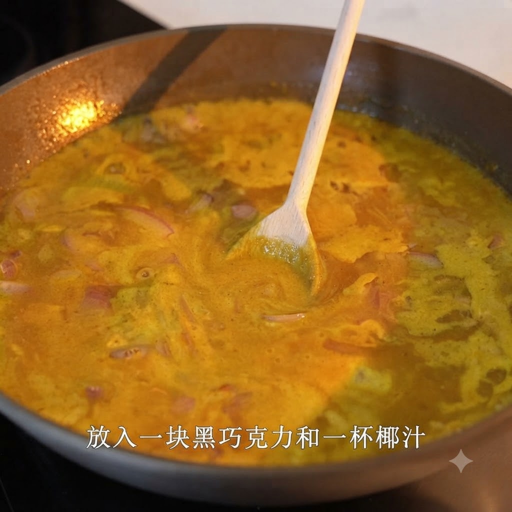 Una cuchara de madera removiendo una salsa de curry amarilla hirviendo a fuego lento e infusionada con trozos de chocolate oscuro en una sartén grande.