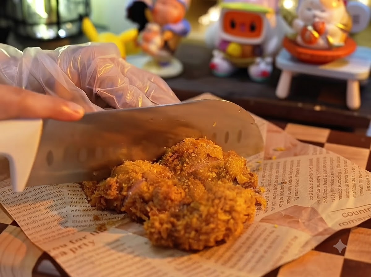 Una mano con guante sosteniendo una chuleta de cerdo frita de color marrón dorado mientras un cuchillo grande la corta en tiras gruesas sobre papel pergamino.