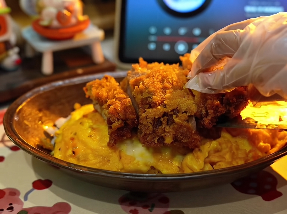 Una mano con guante colocando los trozos de chuleta de cerdo frita crujiente ordenadamente sobre una tortilla suave de color amarillo brillante en un plato de presentación.