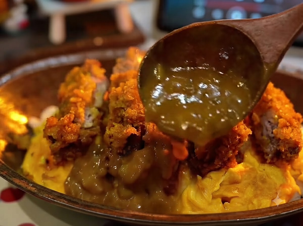 Una cuchara de madera vertiendo salsa de curry marrón espesa sobre una porción de chuleta de cerdo crujiente cortada y una tortilla de huevo tierna.