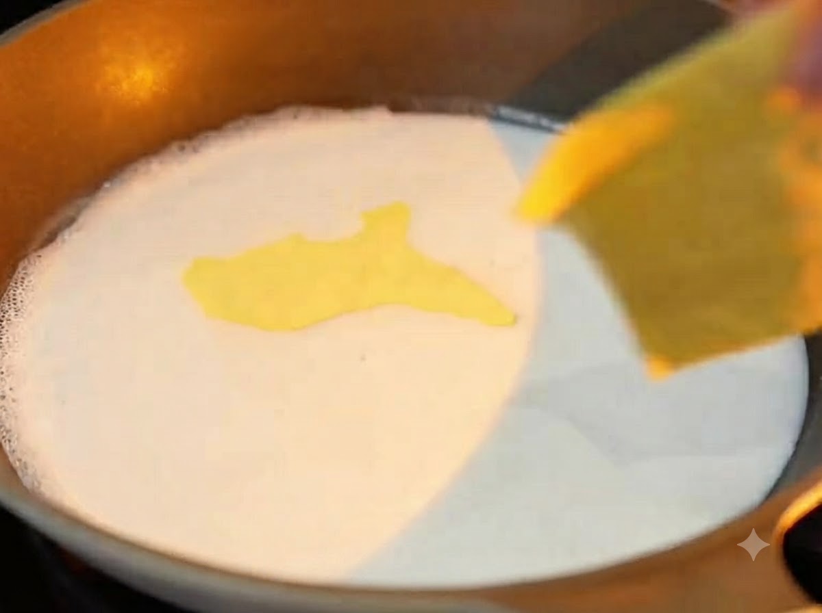 Rebanadas cuadradas de queso amarillo derritiéndose en leche de coco blanca que hierve a fuego lento en una sartén.