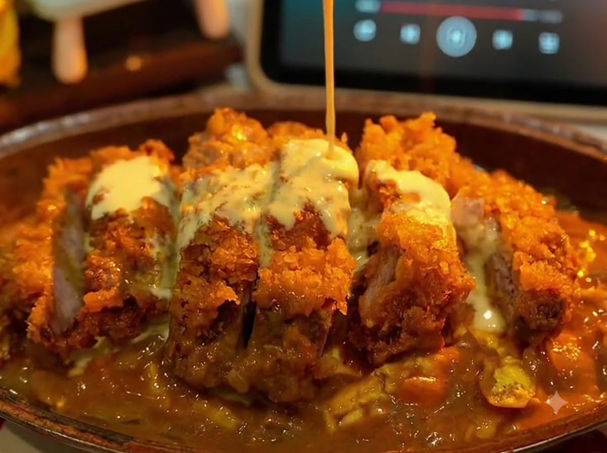 Un chorro de queso cremoso blanco y salsa de coco siendo rociado sobre el plato de chuleta de cerdo al curry ensamblado.