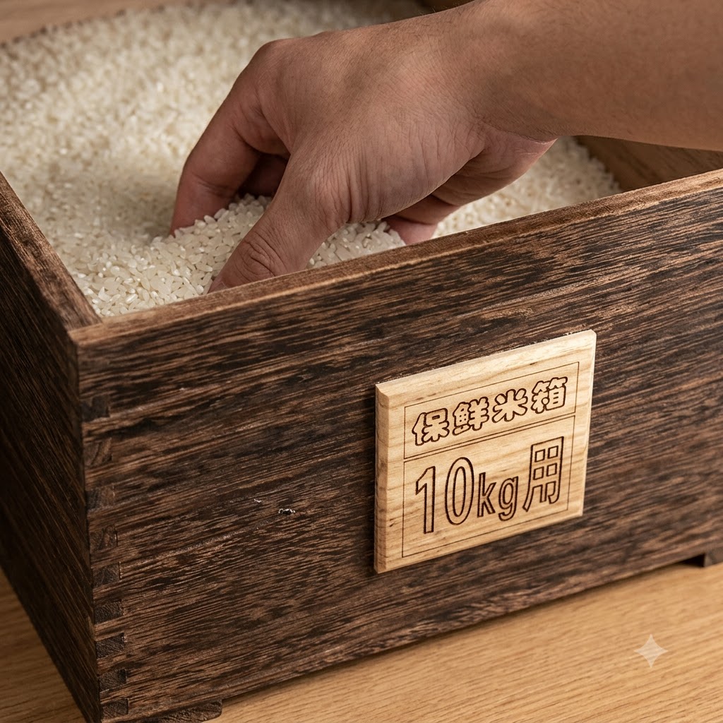 Granos de arroz blanco crudo siendo lavados dentro de una caja de almacenamiento de madera con una mano alcanzando el interior.