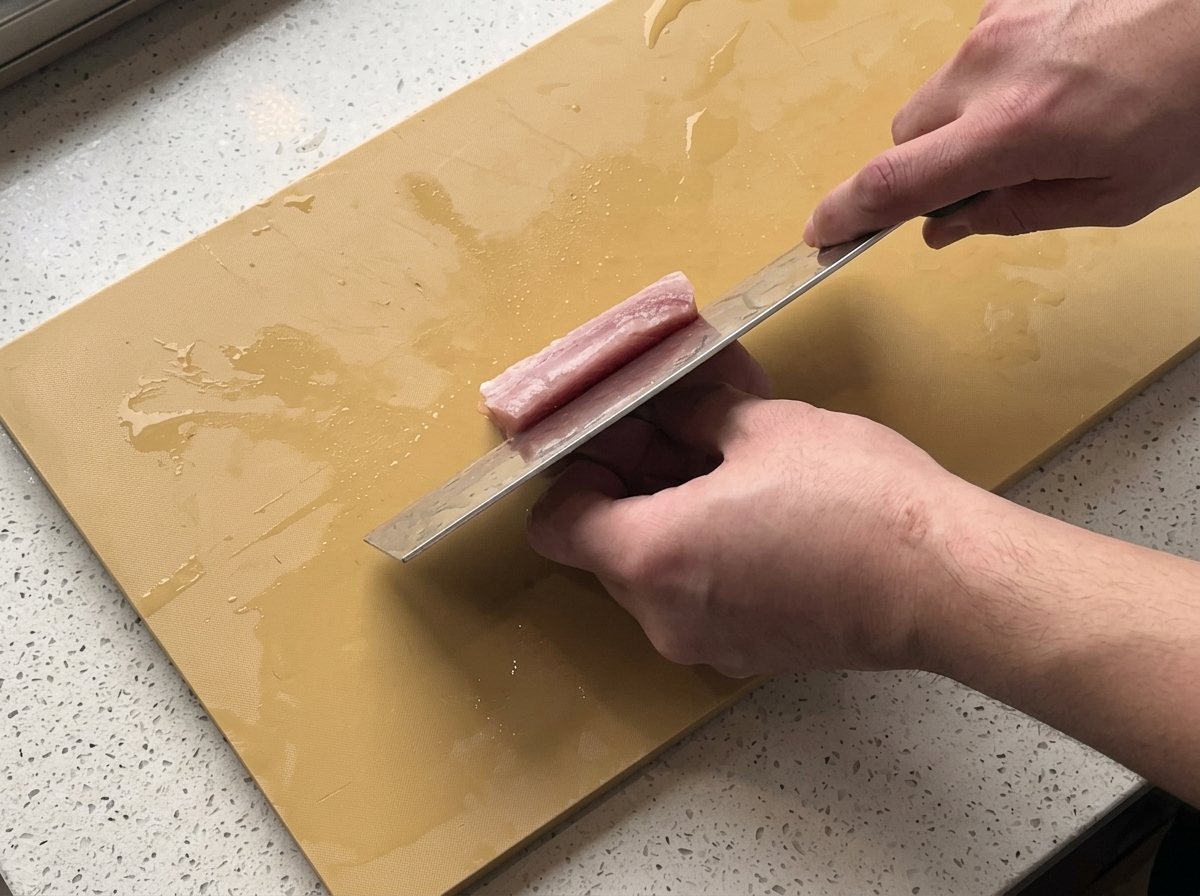 Solomillo de cerdo crudo siendo cortado con un hachuela en una tabla de cortar amarilla.