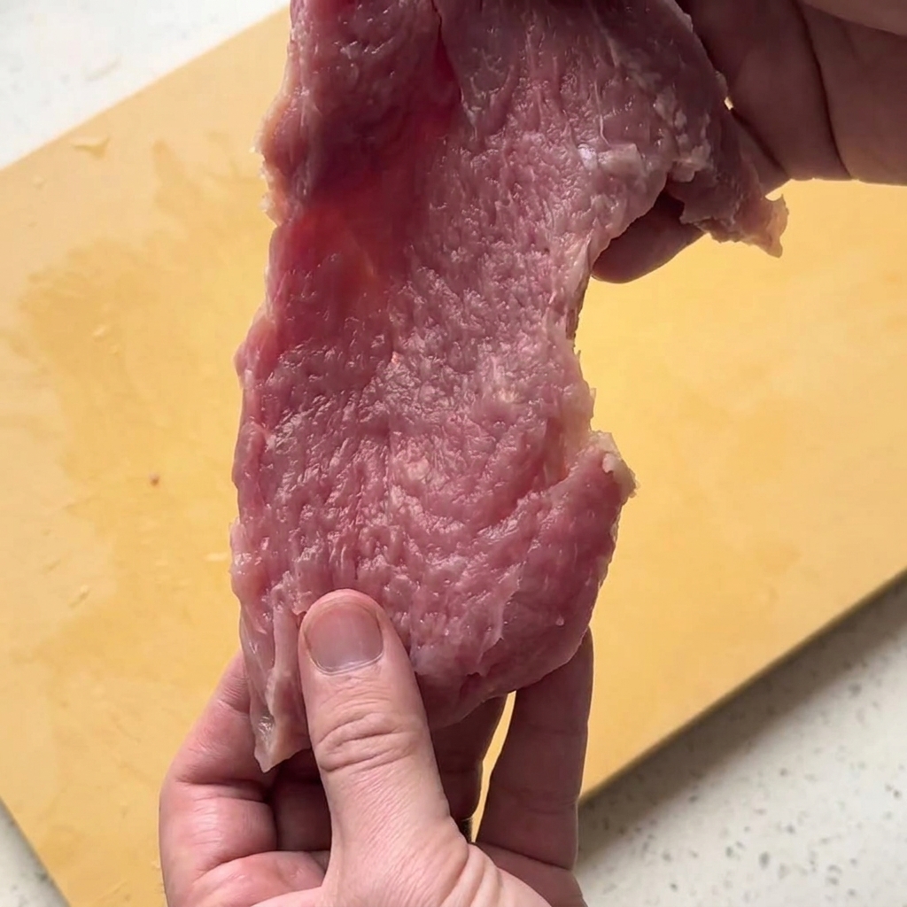 Una persona sosteniendo una rodaja de cerdo cruda y ablandada sobre una tabla de cortar amarilla.