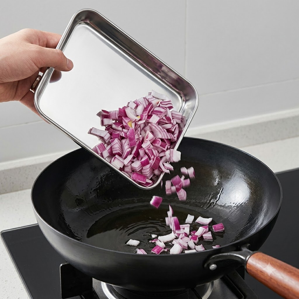 Cebollas moradas en dados deslizándose desde una bandeja hacia un wok caliente con aceite.