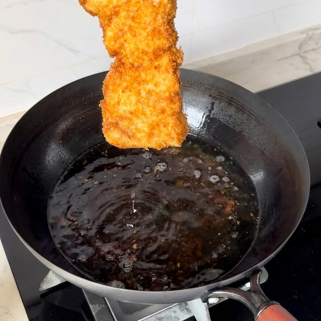 Un filete de cerdo empanizado y frito siendo sostenido sobre un wok de aceite caliente.