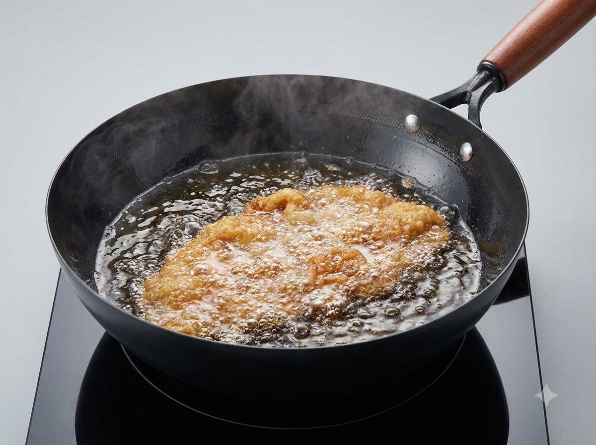 Un filete de cerdo empanizado friéndose en aceite caliente burbujeante dentro de un wok negro.