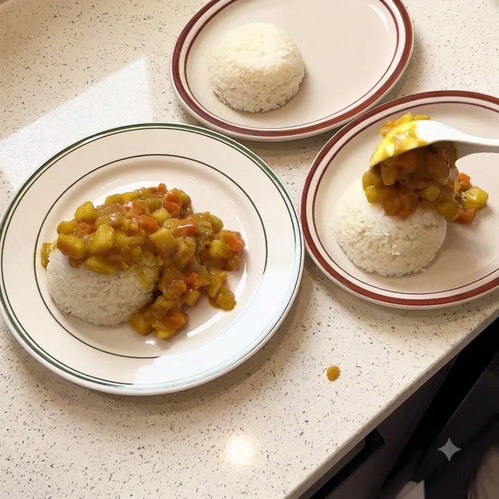 Arroz blanco moldeado en platos siendo cubierto con una salsa de curry de verduras espesa usando una cuchara blanca.