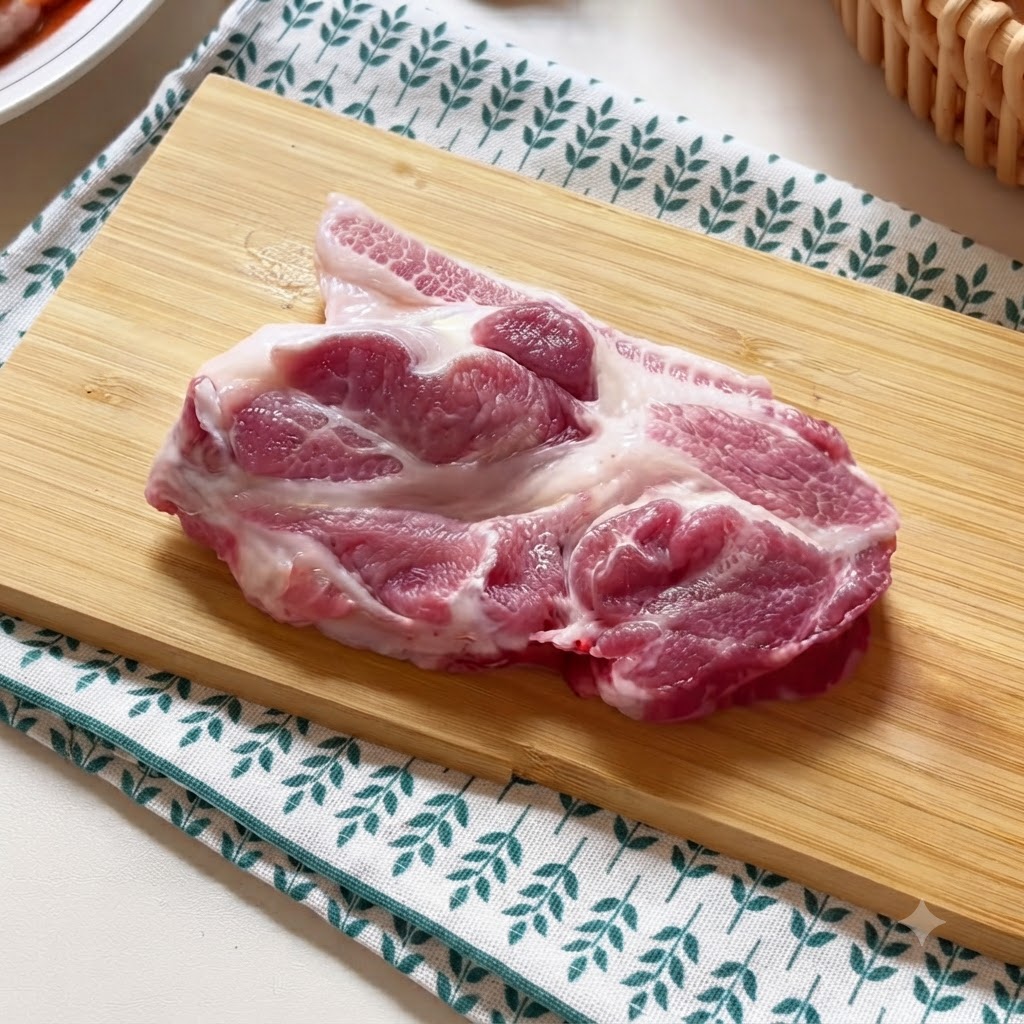 Chuleta de cerdo cruda colocada sobre una tabla de cortar de madera, siendo golpeada con un mazo de carne.