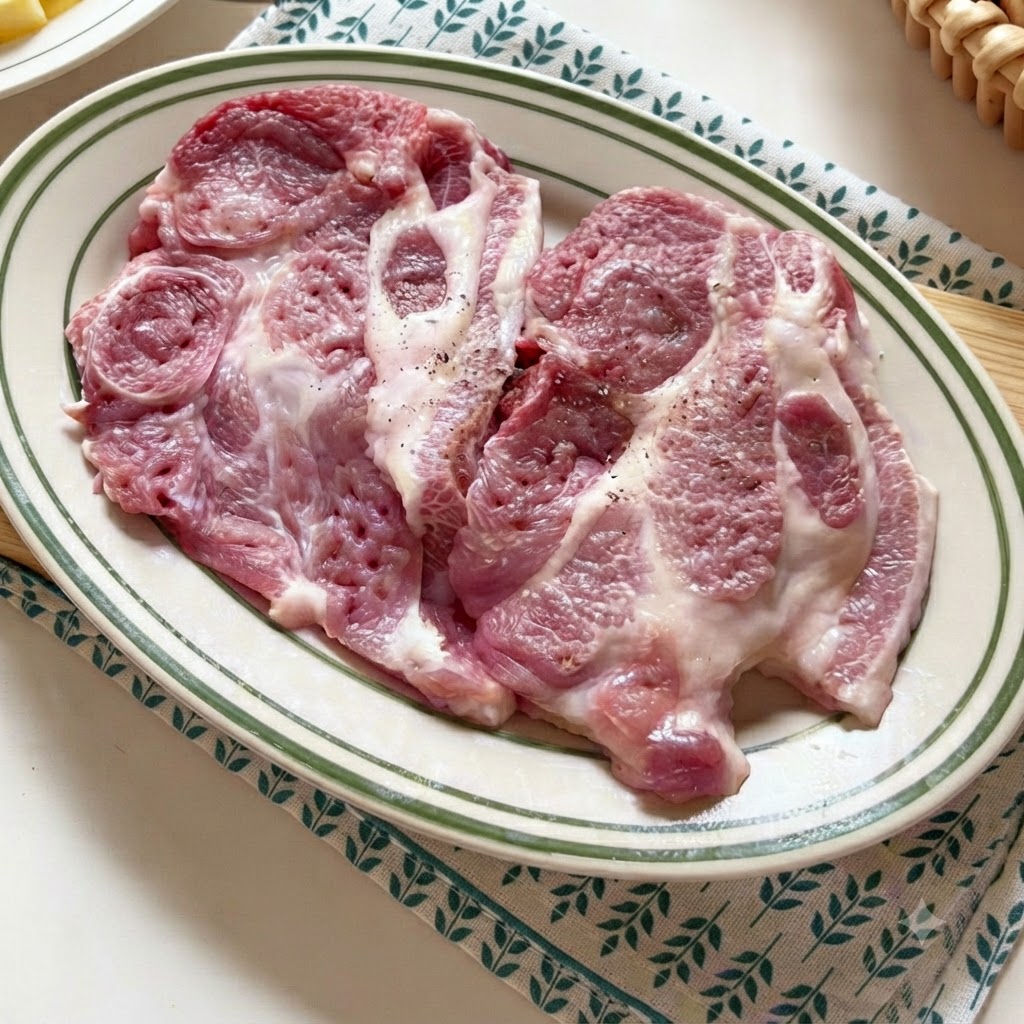 Dos chuletas de cerdo crudas sazonadas con pimienta negra y sal descansando sobre un plato ovalado blanco con bordes verdes.