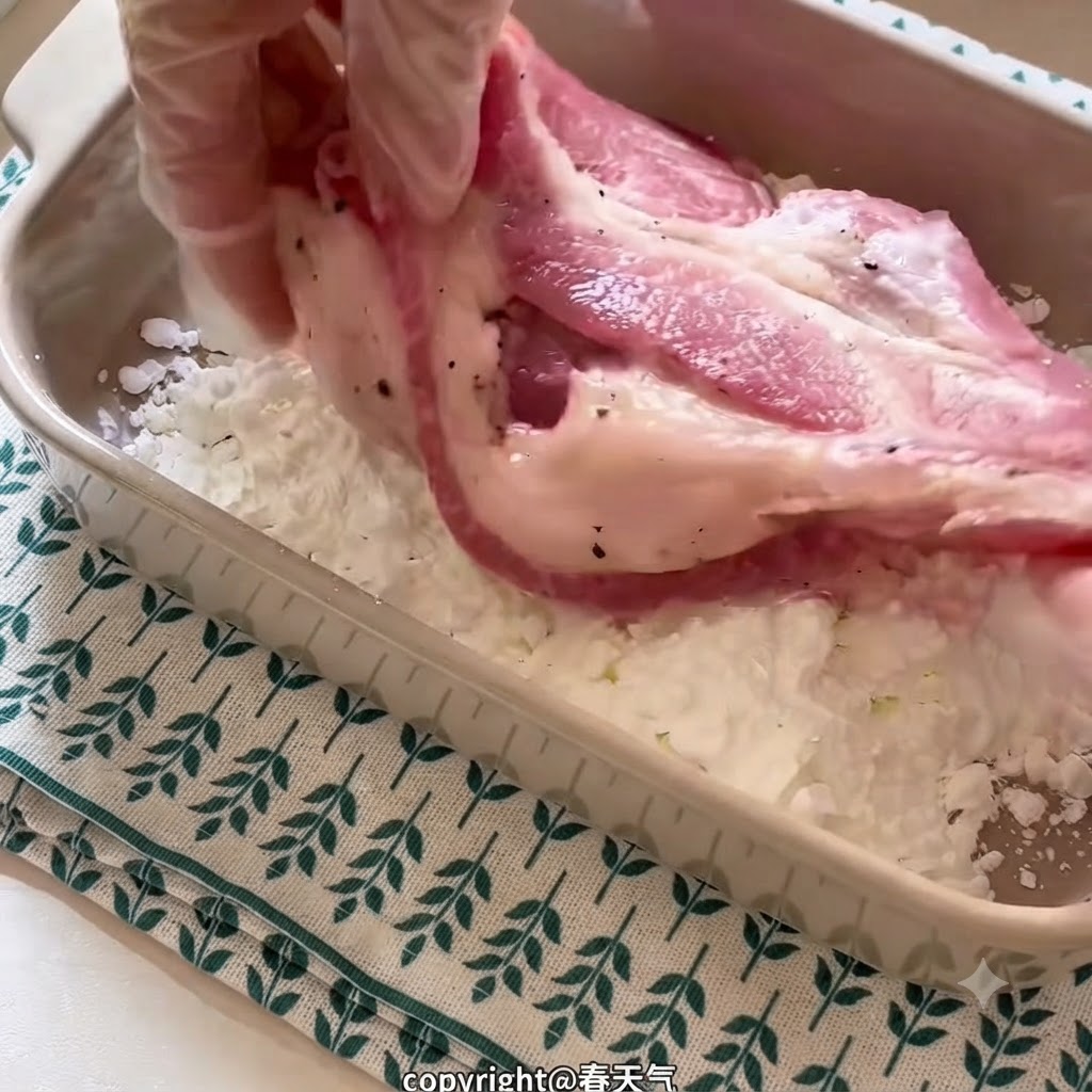 Una mano con guante sosteniendo una chuleta de cerdo marinada y cubriéndola con almidón dentro de un plato de cerámica rectangular.