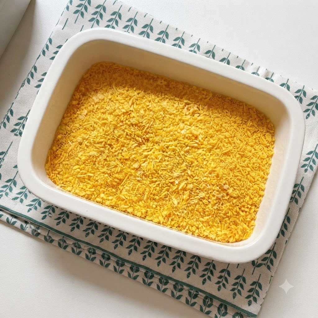 Una fuente rectangular blanca llena de pan rallado amarillo crujiente sobre un paño estampado.