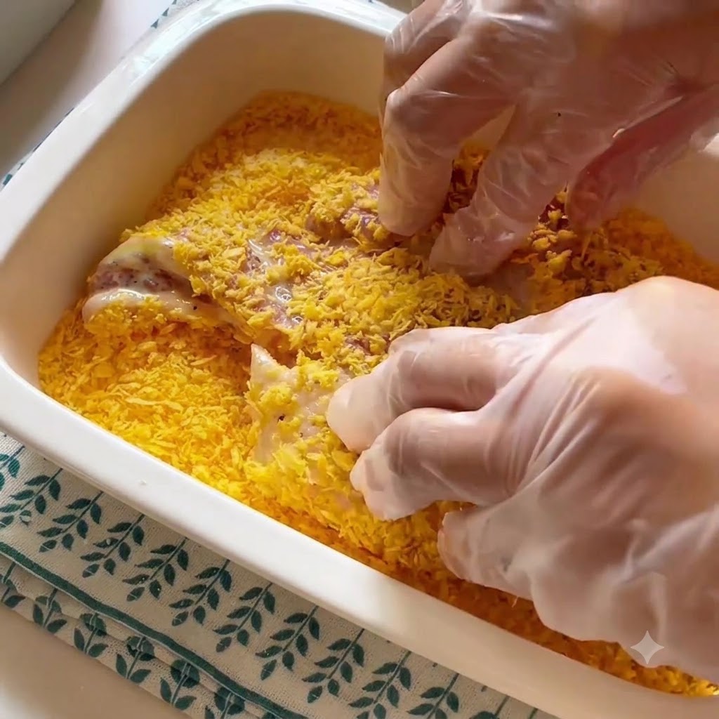 Manos con guantes presionando chuletas de cerdo empanizadas en un lecho de pan rallado amarillo dentro de un recipiente rectangular.