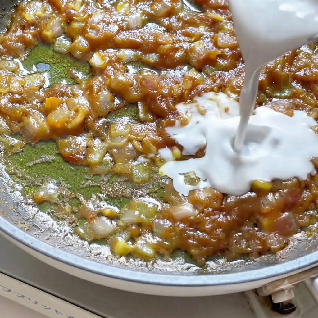 Leche de coco siendo vertida desde una jarra a una sartén con pasta de curry disolviéndose y aromáticos.