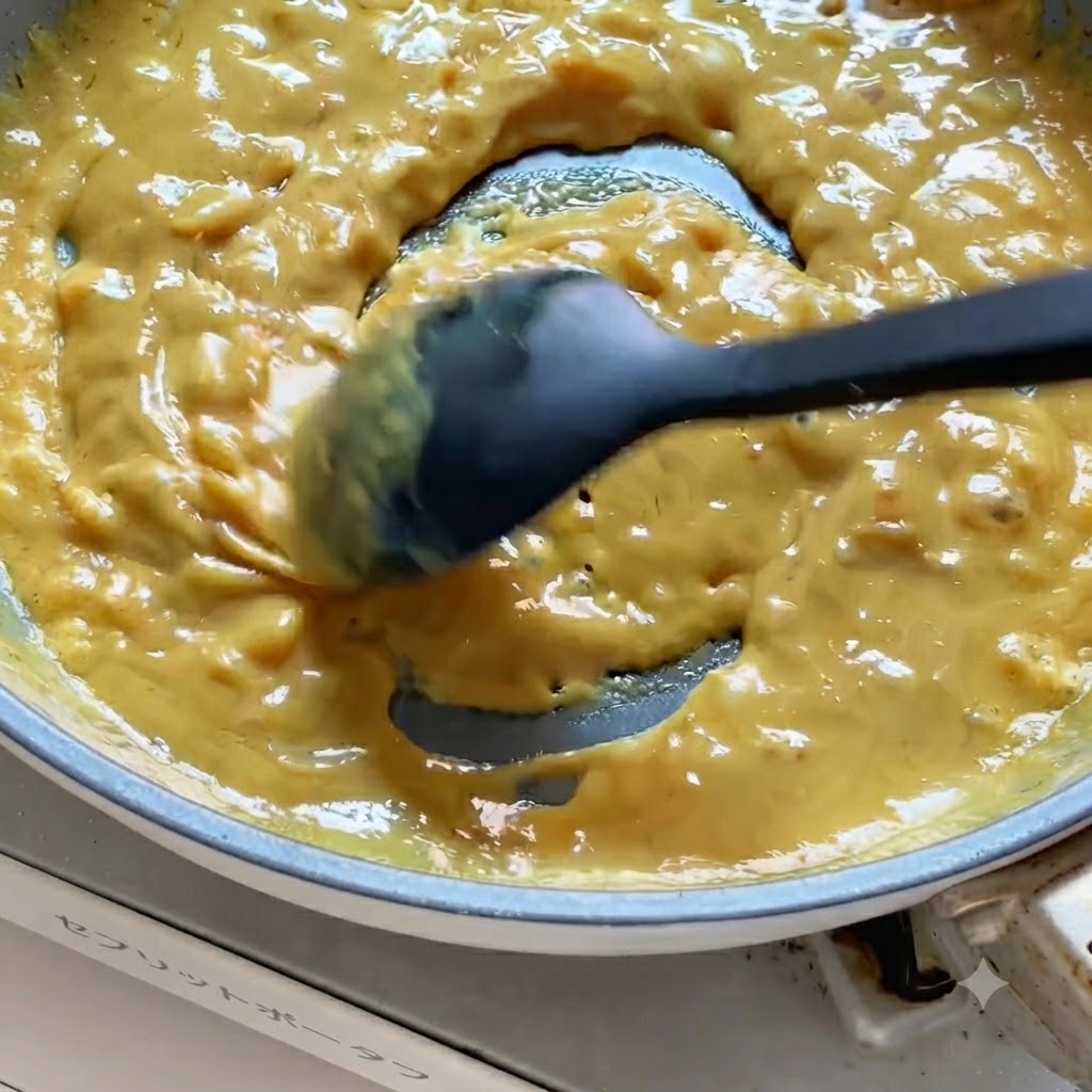Una espátula negra removiendo salsa de curry amarilla espesa y cremosa cocinándose a fuego lento en una sartén.
