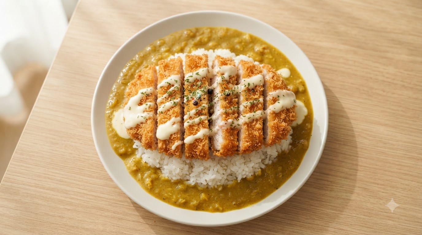 Un plato de arroz con chuleta de cerdo al curry y coco, con finas milanesas crujientes sobre curry amarillo sabroso, arroz blanco y una cremosa salsa de queso y coco.