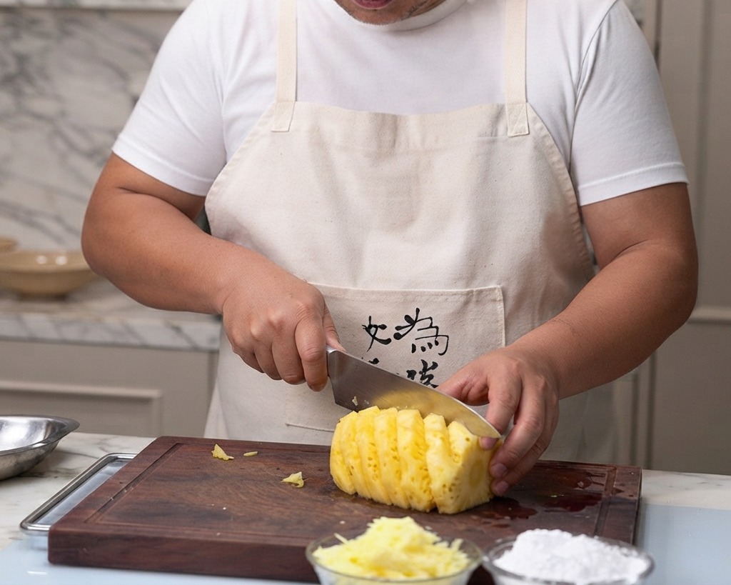 Una persona cortando piña fresca en trozos grandes sobre una tabla de cortar de madera.