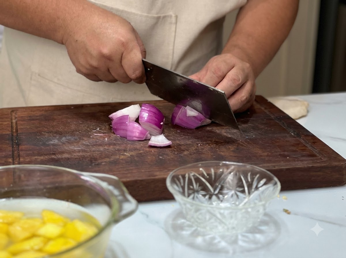 Una cebolla morada siendo cortada en trozos grandes y cuadrados sobre una tabla de cortar.