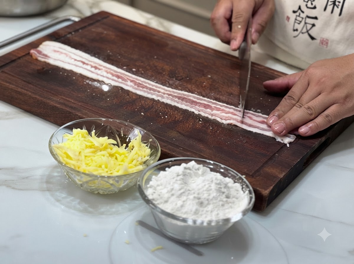 Dos tiras largas de panceta de cerdo cruda extendidas sobre una tabla, siendo palmeadas con la parte posterior de un cuchillo.