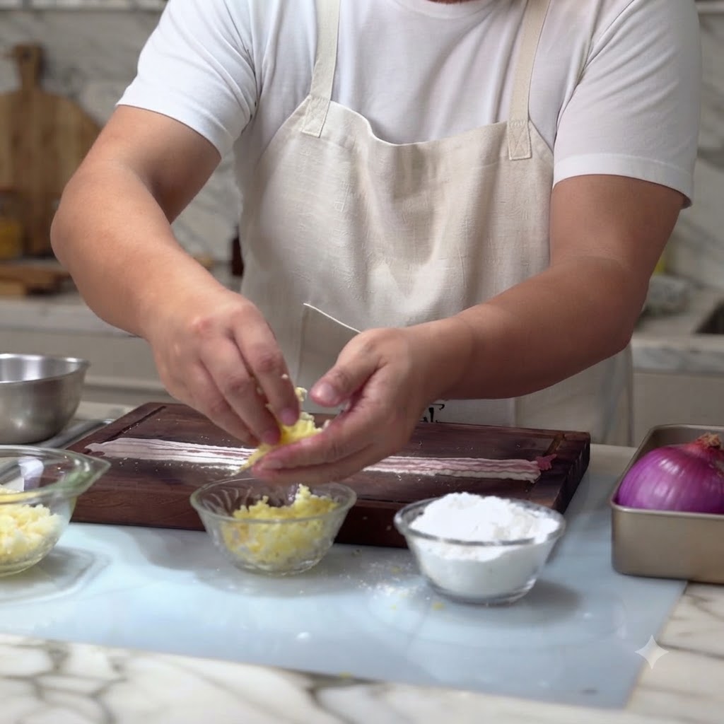 Una bolita de queso mozzarella rallado comprimido sobre el extremo de las tiras de panceta cruda.