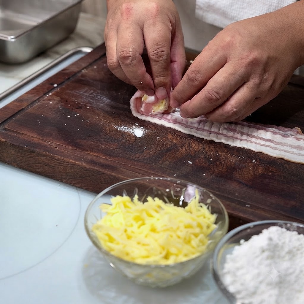 Tiras de panceta cruda siendo enrolladas cuidadosamente alrededor de un centro de queso para formar una albóndiga apretada.