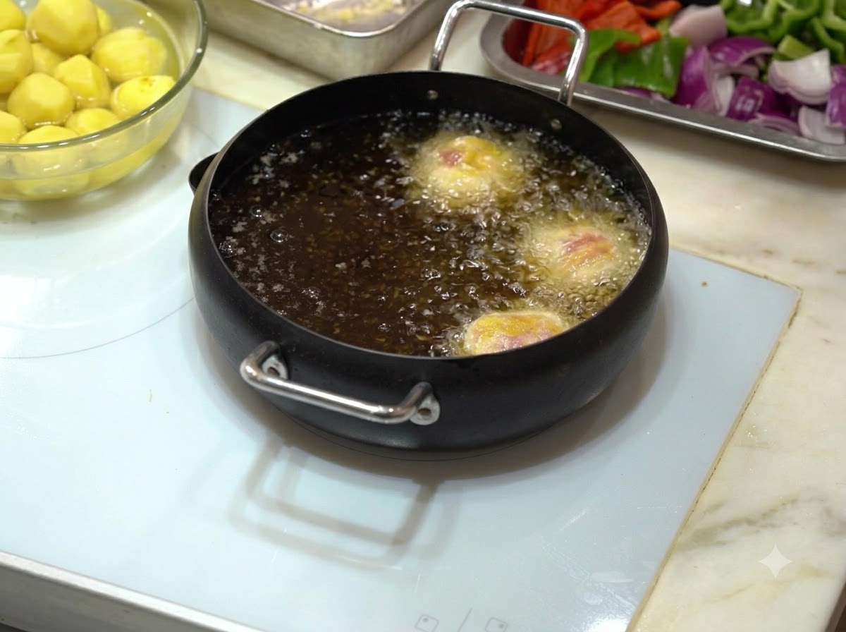 Albóndigas rebozadas friéndose en una olla negra llena de aceite hirviendo.
