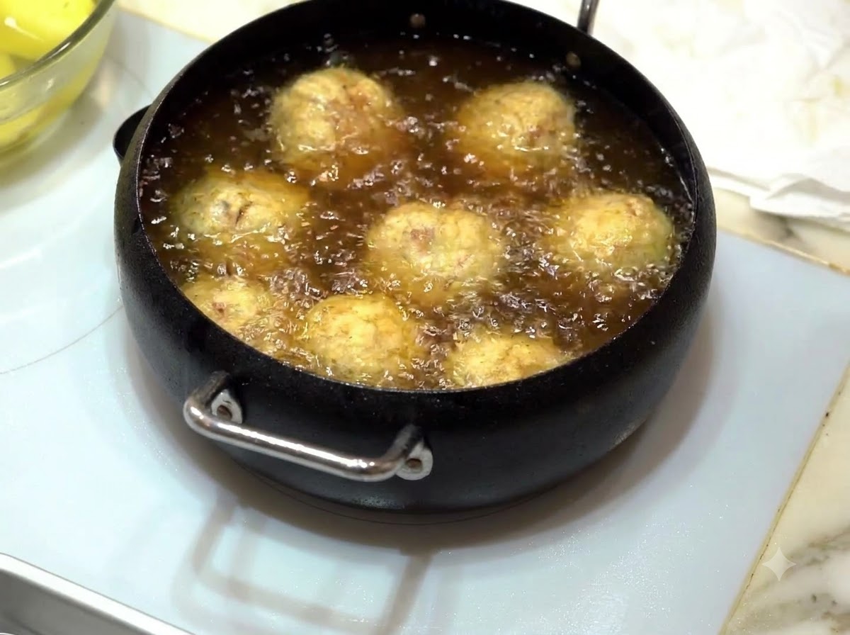 Albóndigas friéndose en aceite caliente y burbujeante hasta dorarse intensamente.