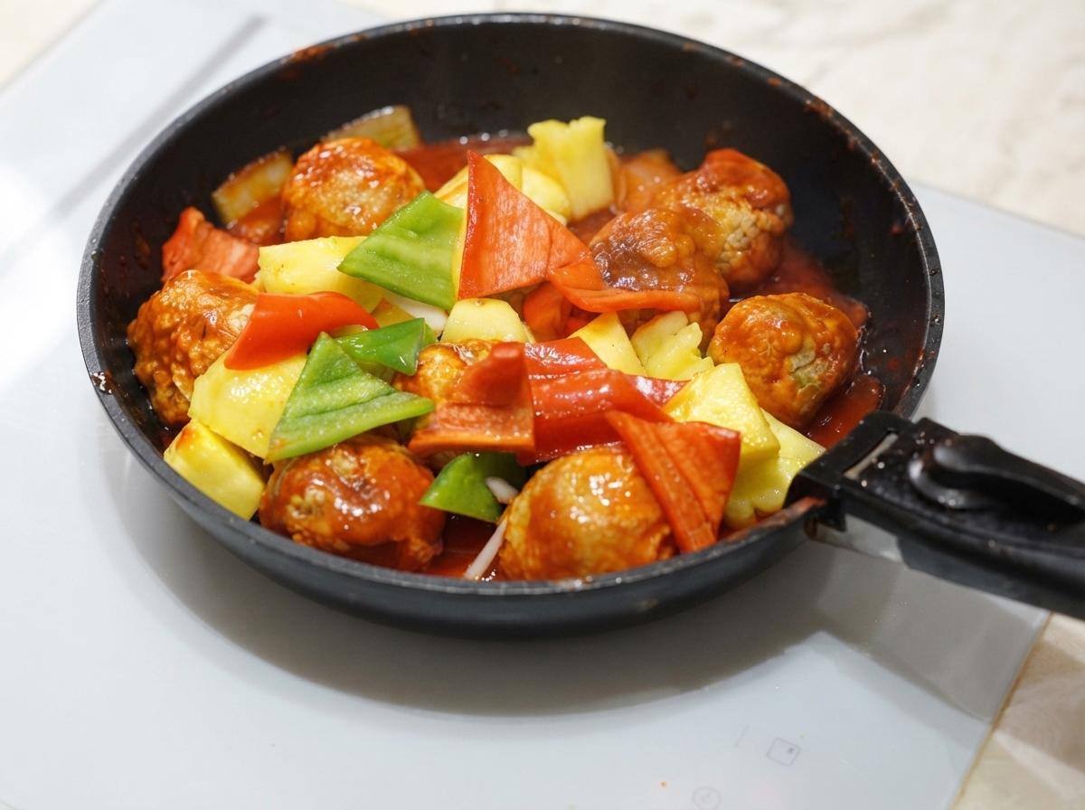 Albóndigas fritas, trozos de piña y pimientos mezclados en una burbujeante salsa agridulce roja.