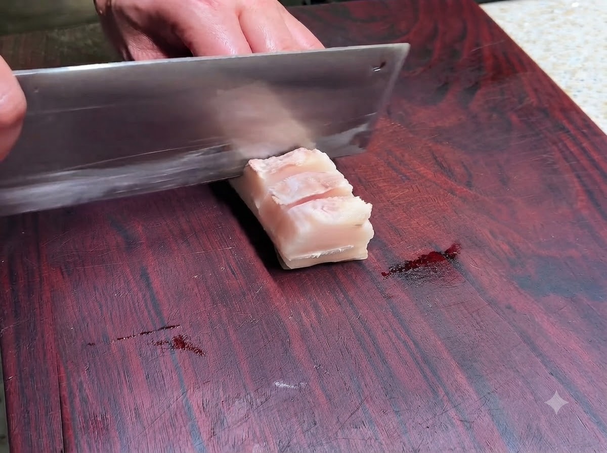 Un cuchillo afilado haciendo cortes superficiales en forma de cuadrícula sobre la carne de un bloque de panceta semicocida.