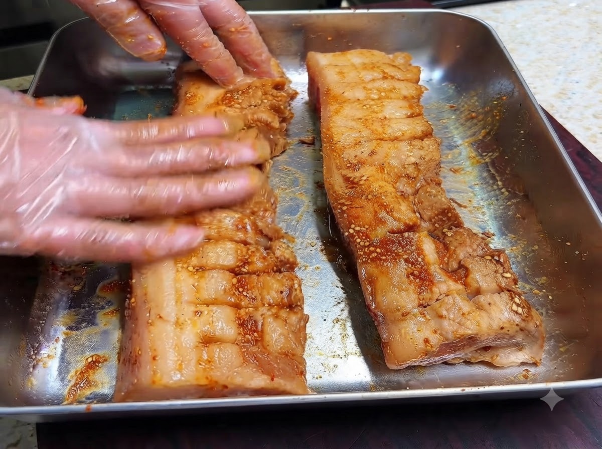 Unas manos con guantes masajeando una marinada oscura y especias secas sobre la superficie cortada de dos tiras de panceta.
