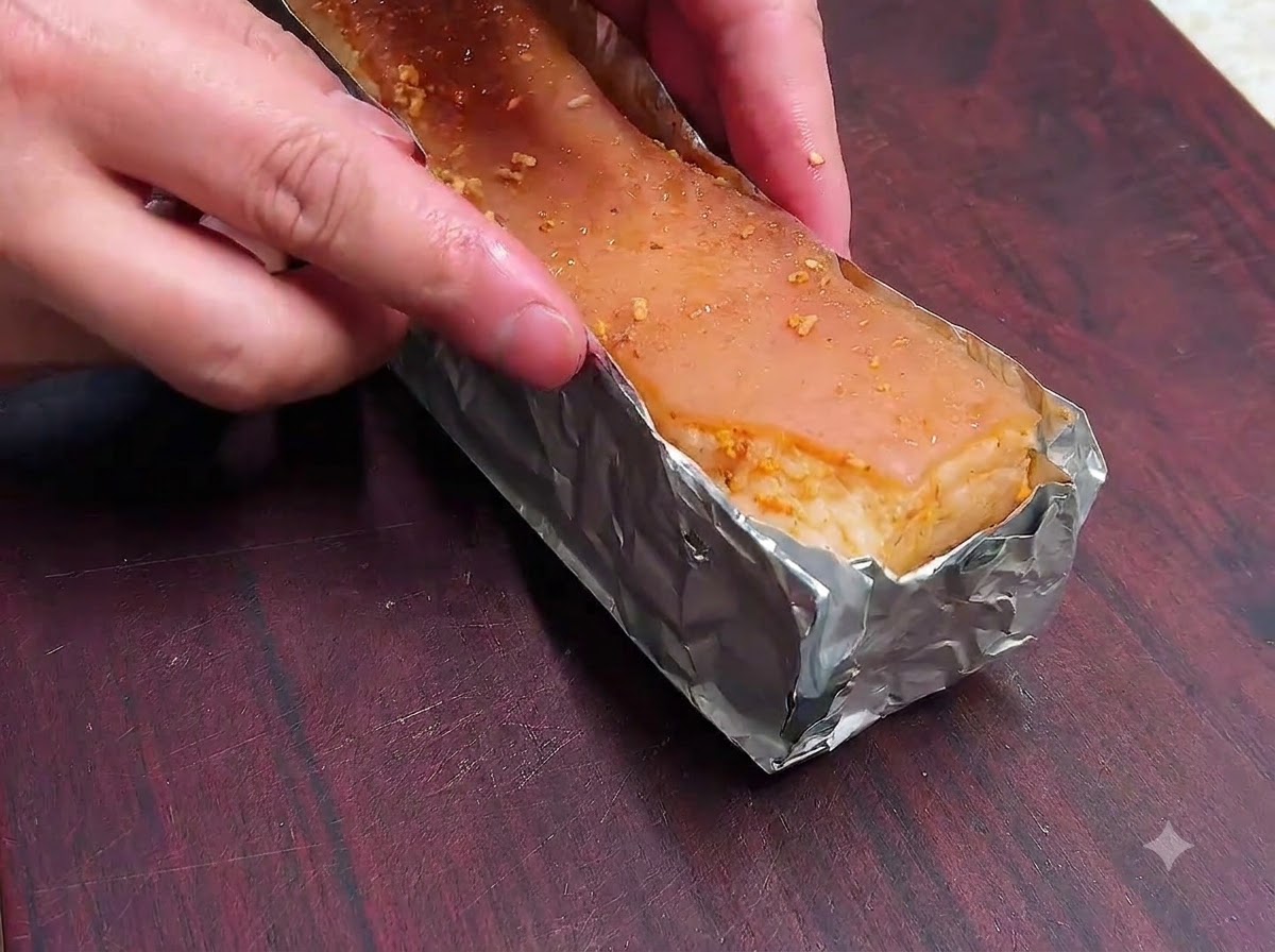 Un bloque de panceta marinada envuelto firmemente por los lados y la base con papel de aluminio.