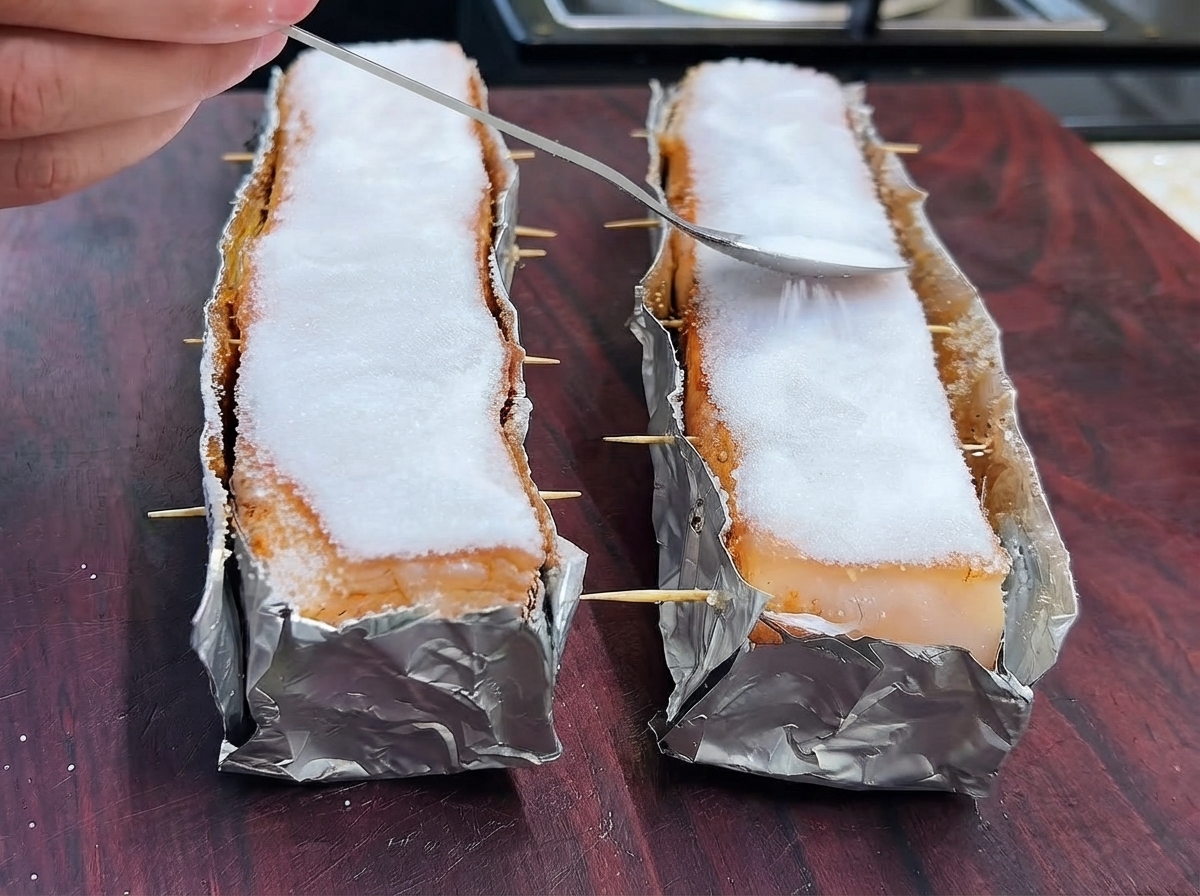 Una gruesa capa de sal esparcida y presionada cuidadosamente con una cuchara sobre la piel de cerdo en una tabla de madera.