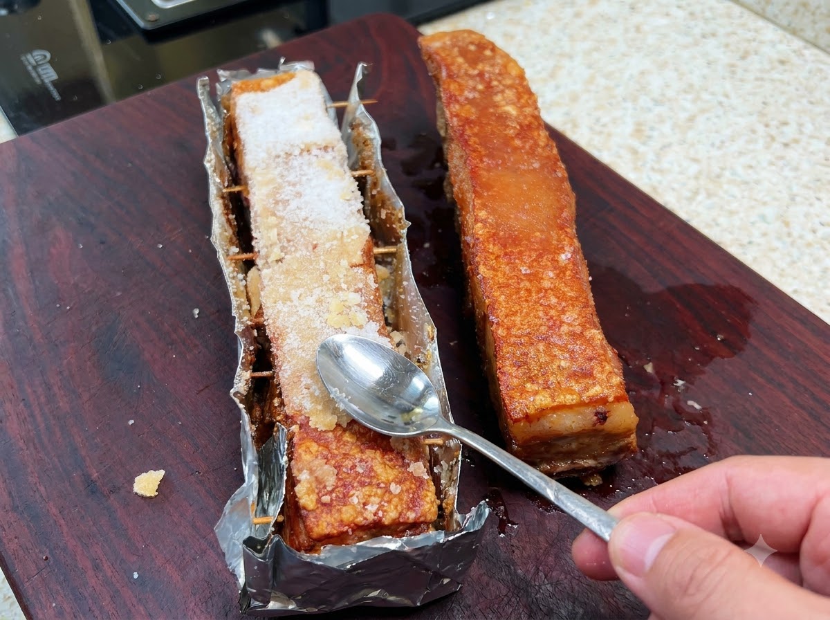 La capa dura de sal horneada siendo raspada y golpeada con una cuchara para retirarla de la piel de cerdo.
