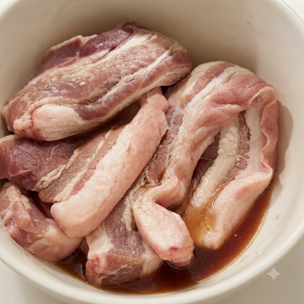 Tiras de panceta de cerdo sumergidas en un bol con vino de cocina y adobo.