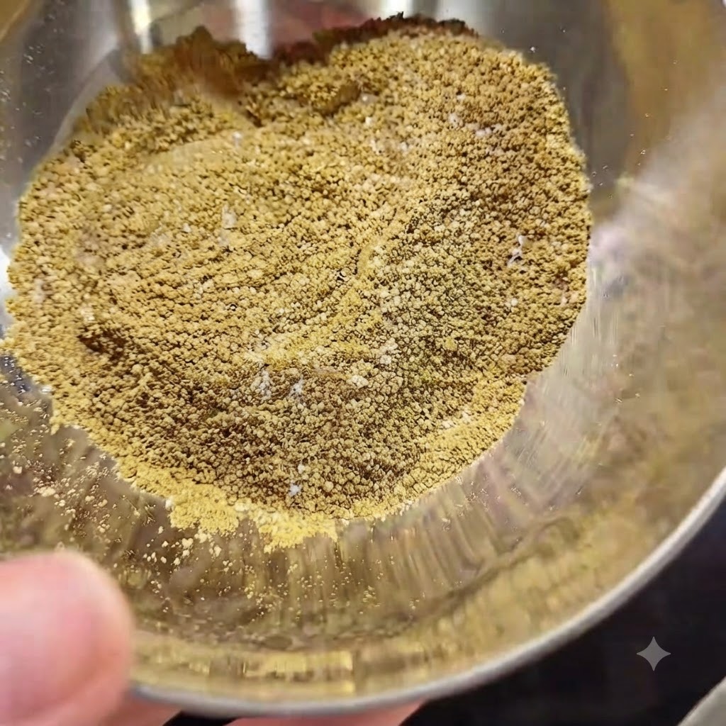 Un bol de metal que contiene una mezcla de sal, polvo de cinco especias y polvo de pimienta de Sichuan.