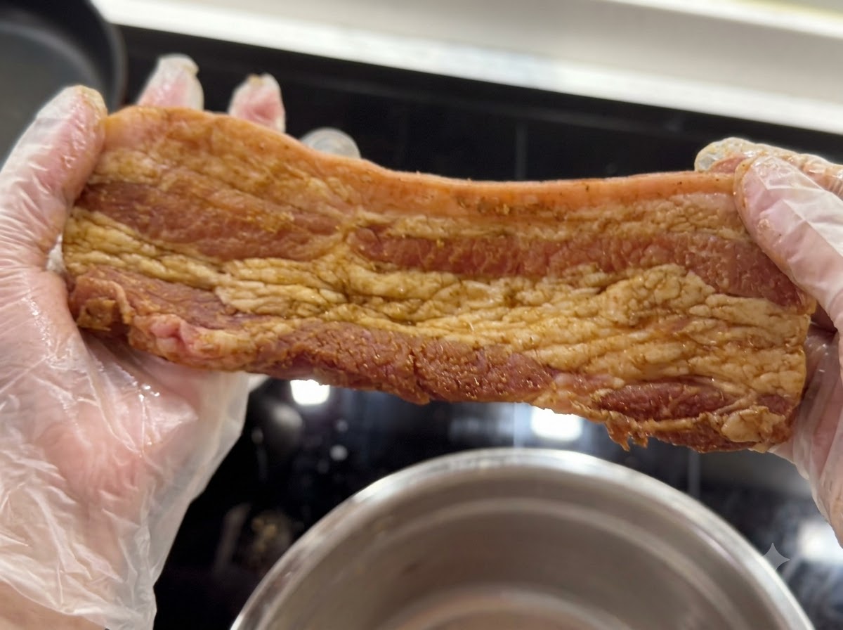 Manos con guantes sosteniendo una tira de panceta de cerdo sazonada cubierta con adobo de especias.