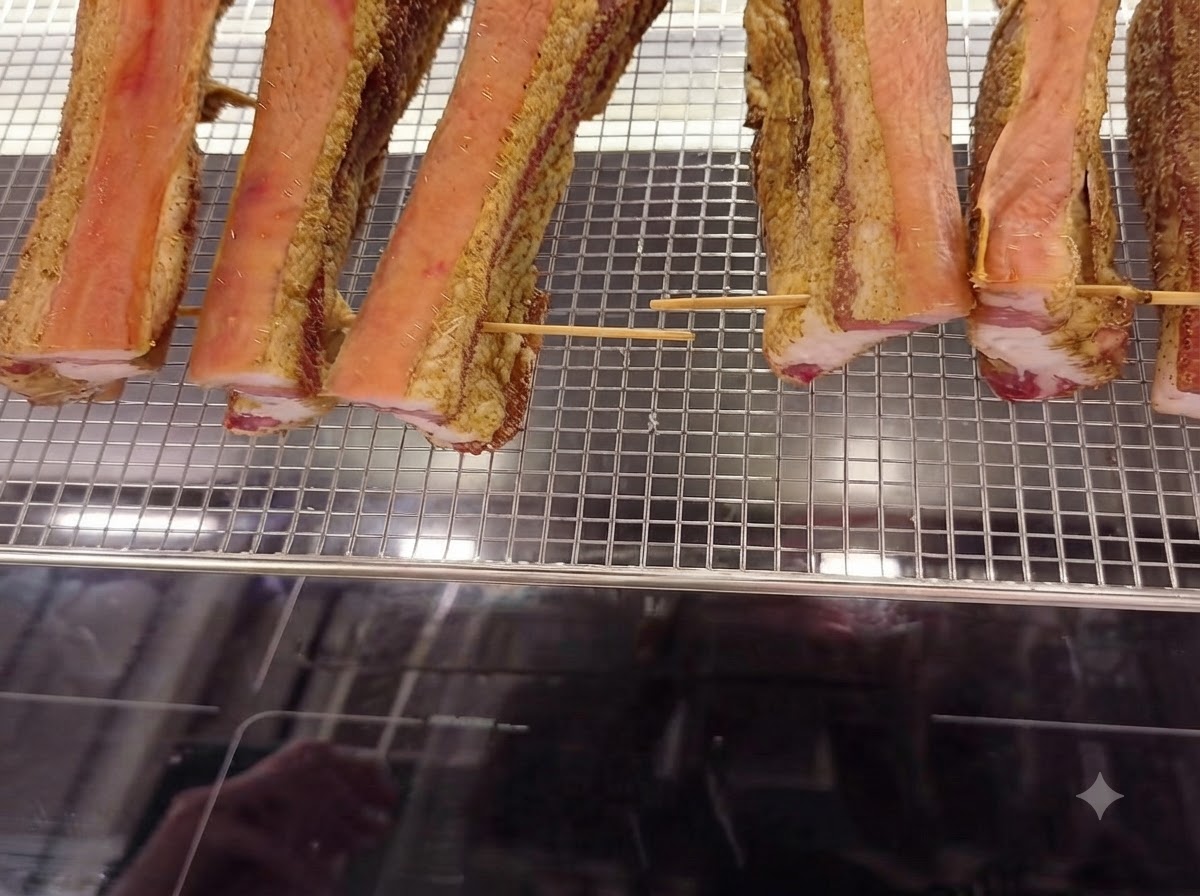 Tiras de panceta de cerdo sazonadas aseguradas con palillos de madera colocadas ordenadamente en una rejilla metálica para hornear.