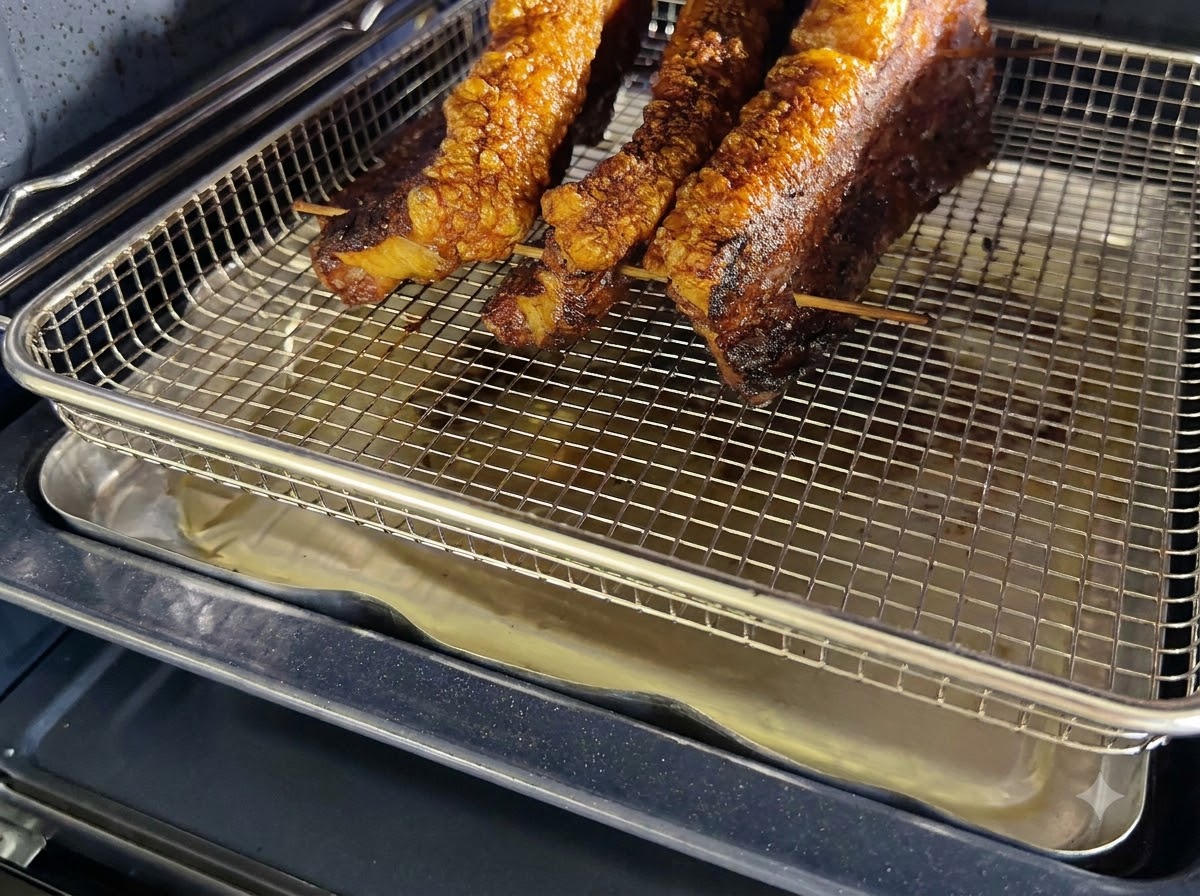 Una rejilla con panceta de cerdo colocada dentro del horno sobre una bandeja de goteo que recoge las grasas que se derriten.