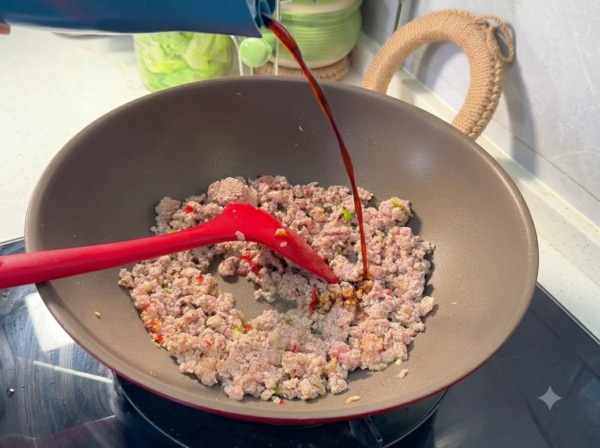 Salsa de soja oscura cayendo desde una botella en un wok lleno de carne picada sazonada.