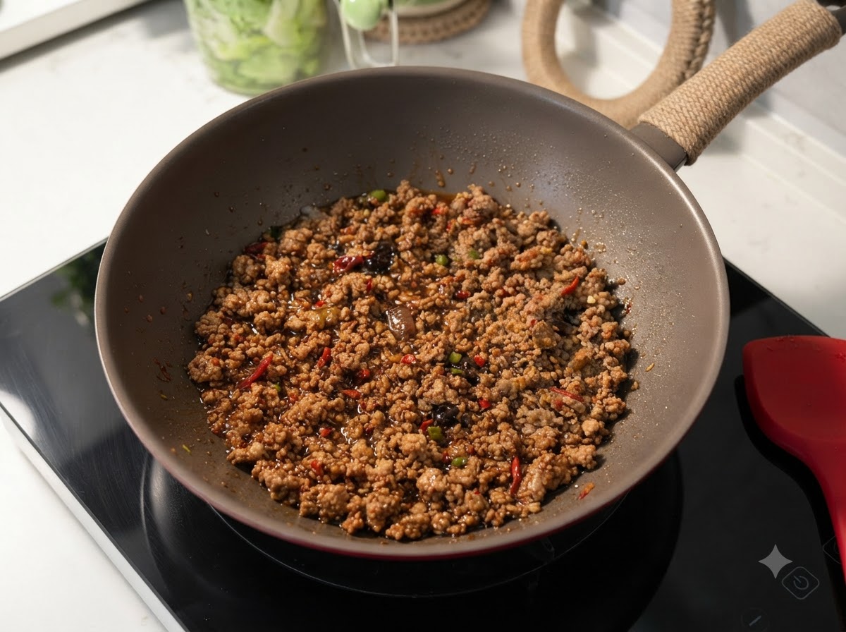 Carne picada cociéndose a fuego lento en una salsa marrón sabrosa dentro de un wok rojo.