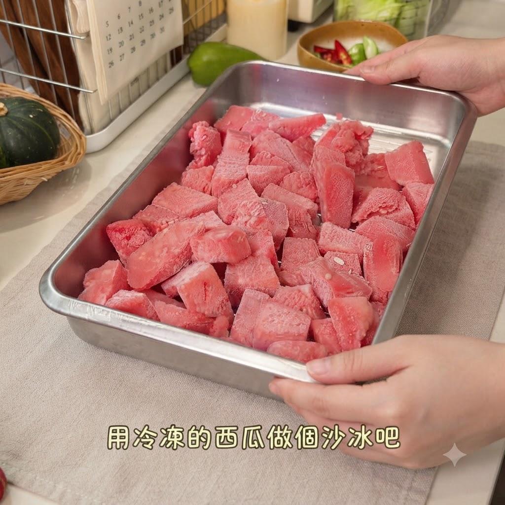 Una bandeja de metal llena de cubos de sandía congelados de color rojo vibrante sostenida por dos manos.