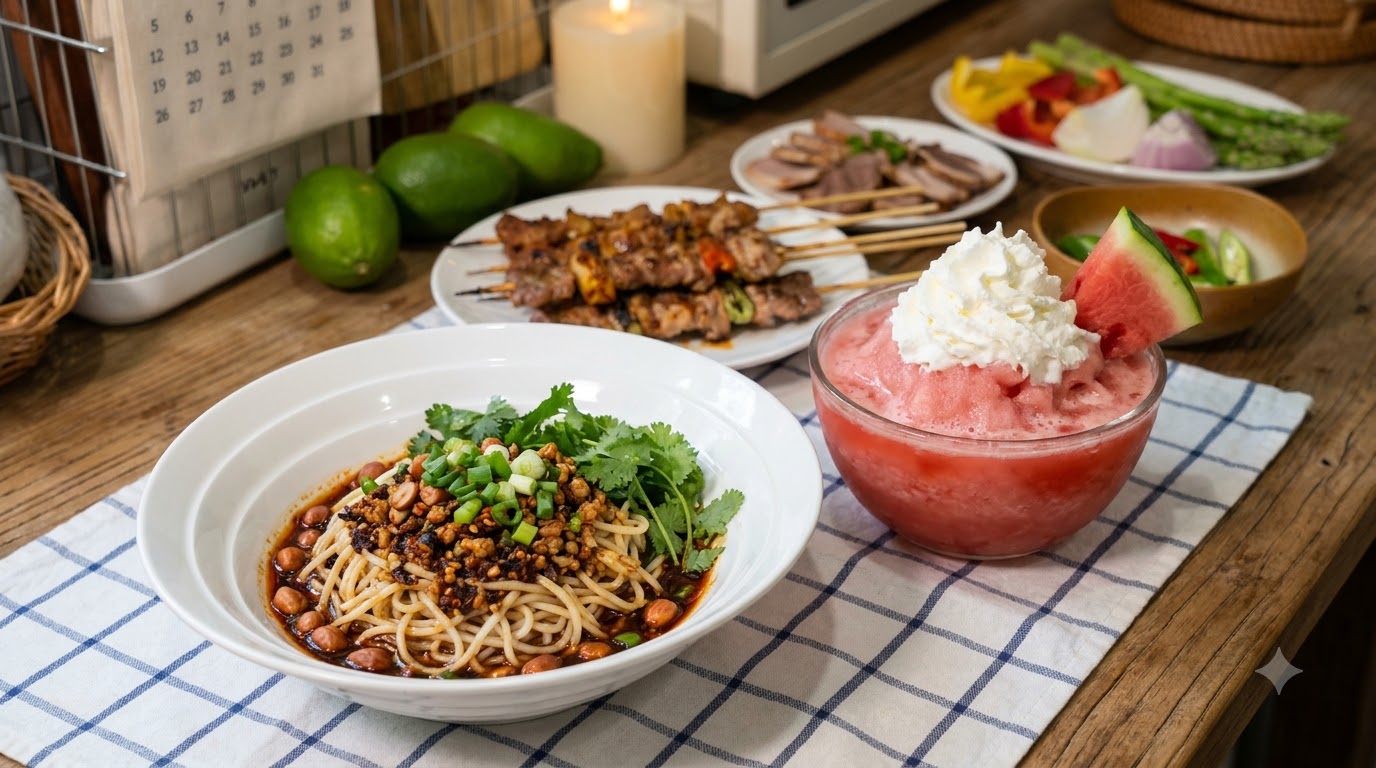 Un plato de fideos picantes con carne picada junto a un granizado de sandía rosa con nata montada, acompañado de panceta de cerdo a la plancha y verduras frescas.