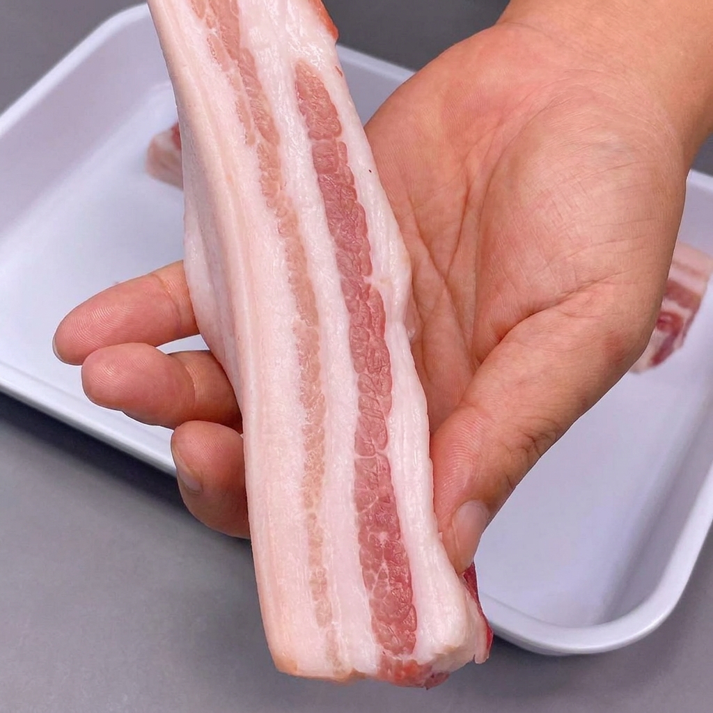 Tiras de panceta de cerdo con piel sumergidas dentro de un recipiente blanco lleno de vinagre blanco.