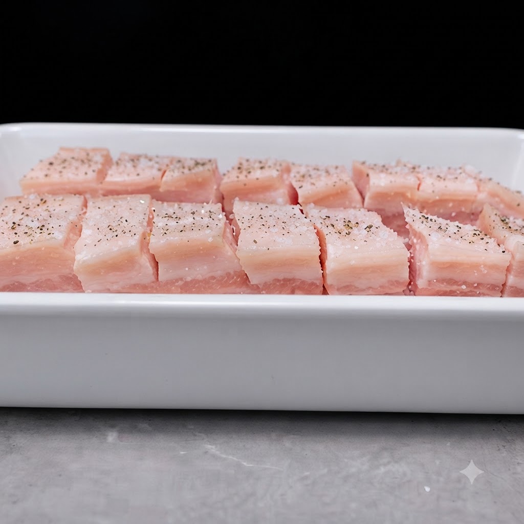 Tiras de panceta de cerdo cortadas dispuestas en una bandeja blanca, fuertemente sazonadas con sal marina y pimienta negra.