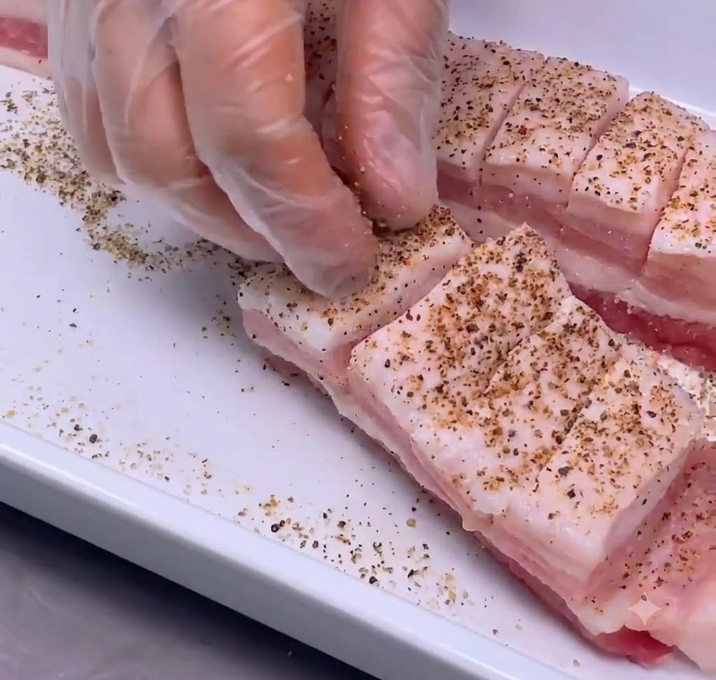Manos con guantes masajeando la sal y la pimienta profundamente en los cortes de la panceta de cerdo.